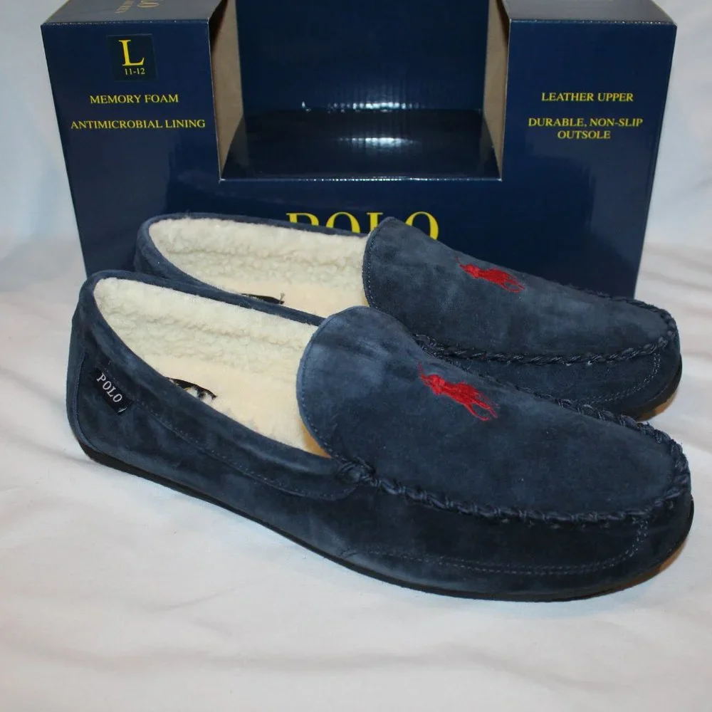 NIB POLO RALPH LAUREN MEN'S SUEDE COMFORT‎ SLIPPERS NAVY BLUE RED